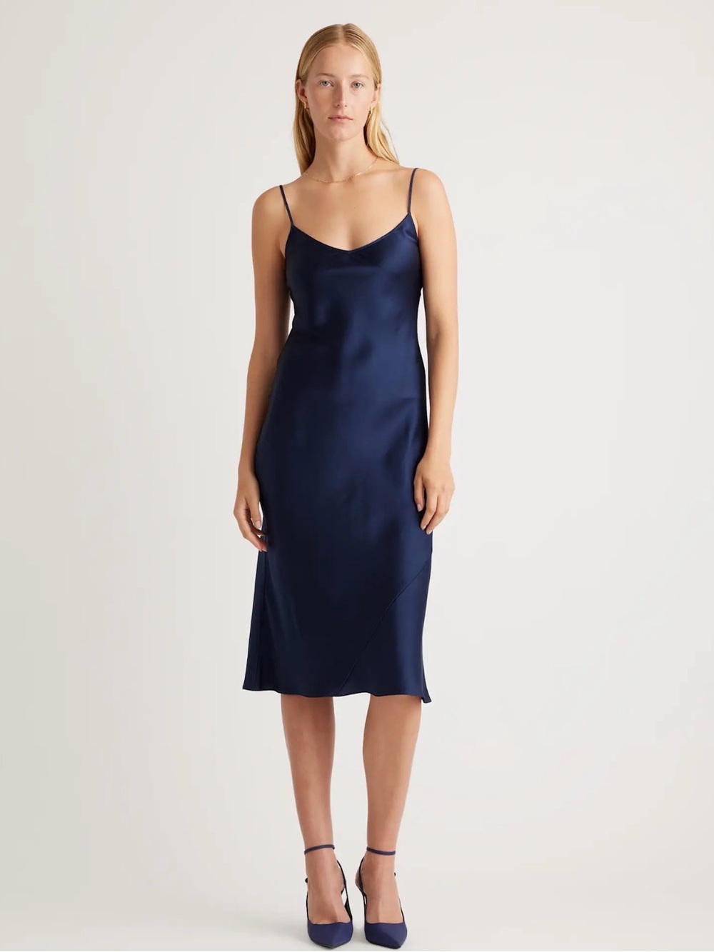 Quince Navy Satin Slip Midi Dress large